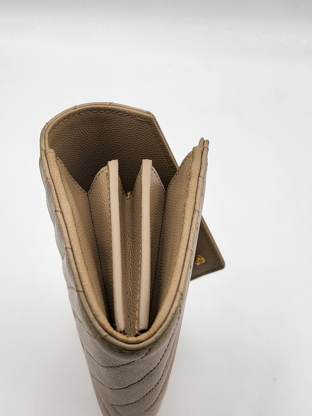 YVES SAINT LAURENT Grain De Poudre Matelasse Chevron Flap Wallet Dark Beige Auth - Picture 15 of 16